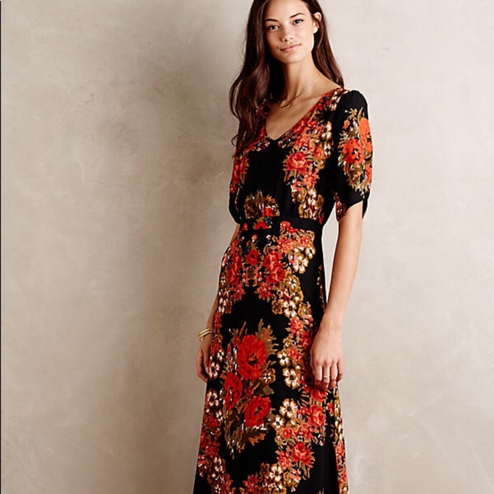 Anthropologie Black and Red Floral Maxi Dress